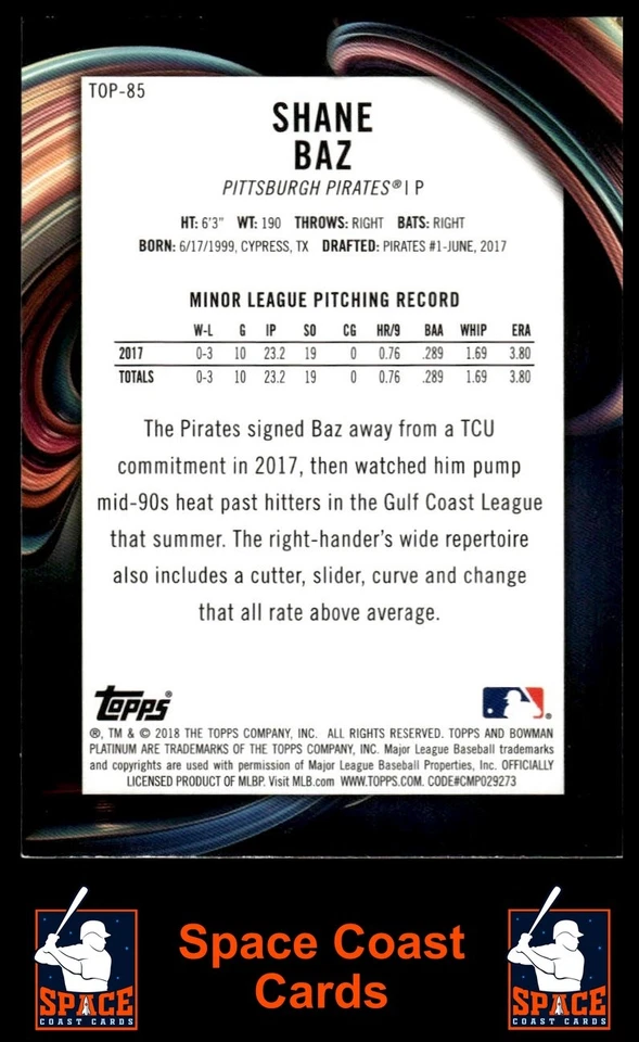 2018 Bowman Platinum #TOP-85 Shane Baz Top Prospects Ice - Image 2 of 2