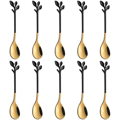 10 PCS Elegant Black Gold Leaf Espresso Spoons 4.7 Inch Stainless Steel Tea