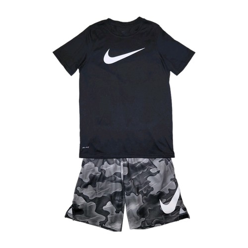 Nike Dri-fit Youth Large Black & Gray Athletic Shorts & Black Logo T-shirt Set - Picture 3 of 11