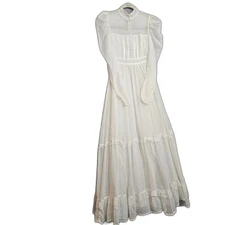 Vintage 70s Gunne Sax White Lace Tiered Wedding Dress Prairie Romantic Bride