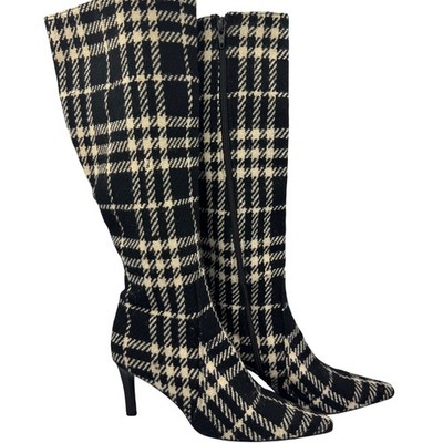 Burberry Boots 37 Black Plaid Wool Pointed Toe Stiletto Knee High Houndstooth