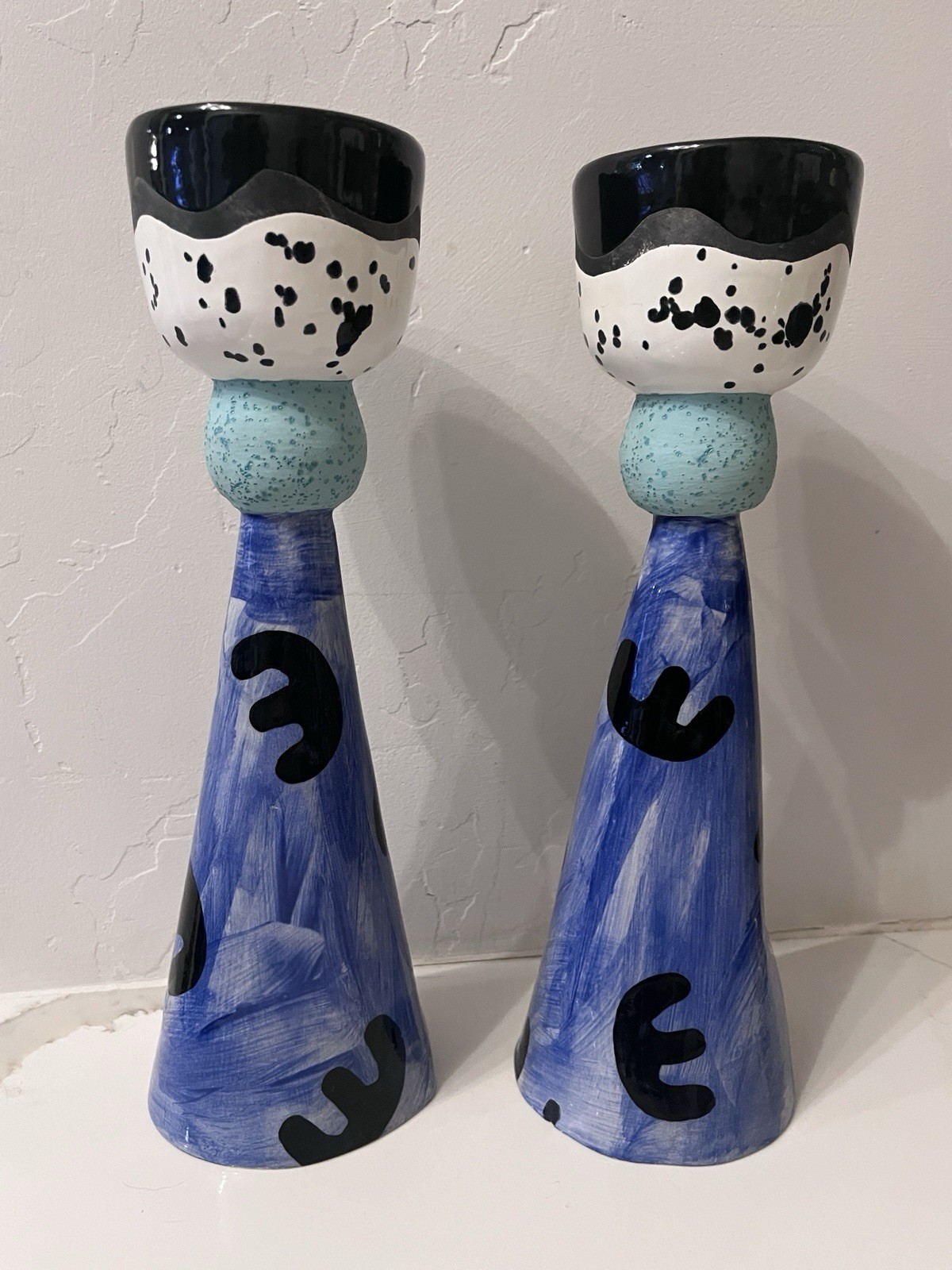 Signed 1980s postmodern Memphis style studio art candle holders