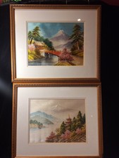 Vintage Japanese Framed Silk Embroidery Of Mount Fuji Hand Stitched - Two Frames