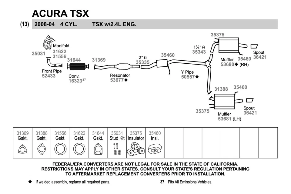 For Acura TSX 2004-2008 Walker 50557 Aluminized Steel Exhaust Y-Pipe - Imagem 2 de 2