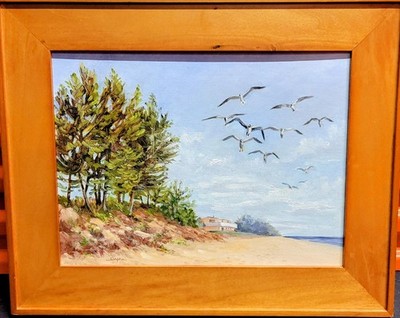 Orpha Klinker Painting Seagulls Flying Over Beach Signed Framed