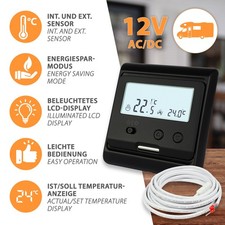 Thermostat 12V Régulateur De Température Noir Pour Chauffage Au Sol De Caravane