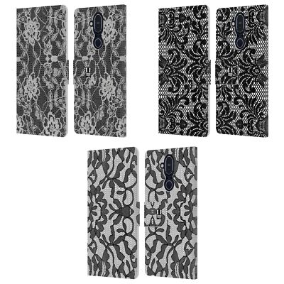 HEAD CASE DESIGNS BLACK LACE LEATHER BOOK WALLET CASE COVER FOR NOKIA PHONES