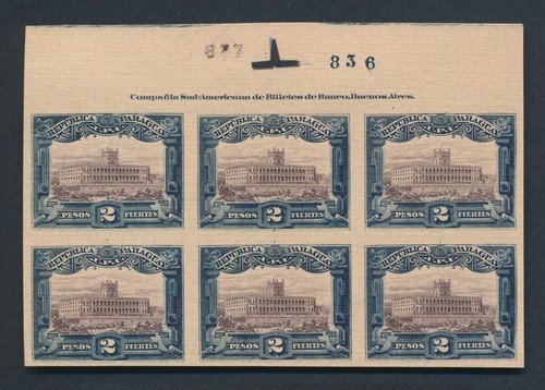 PARAGUAY STAMPS 1905 2 PESOS NATIONAL PALACE ABN COMPANY PROOFS w PLATE NO'S, VF - Picture 5 of 24