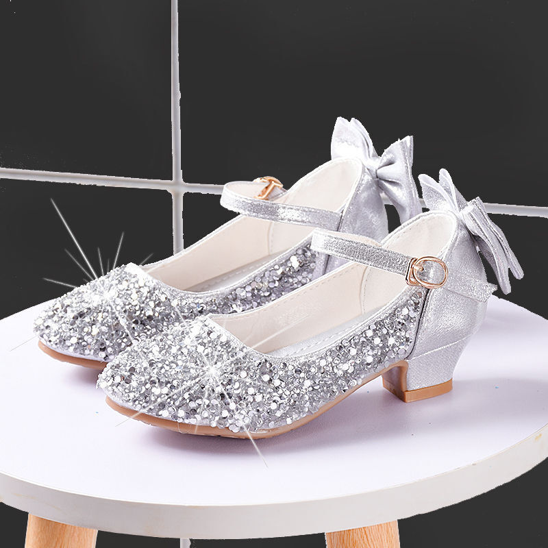 Girls Kids Silver Bow Wedding Party Glitter Dress Princess Shoes