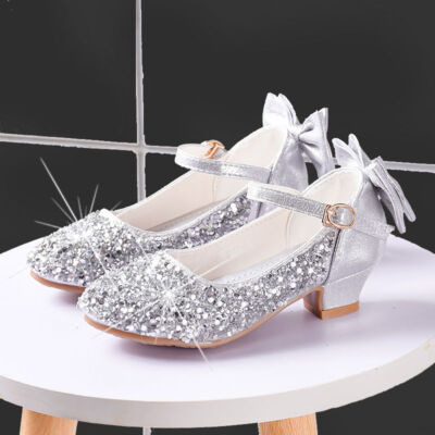 Girls Kids Silver Bow Wedding Party Glitter Dress Princess Shoes