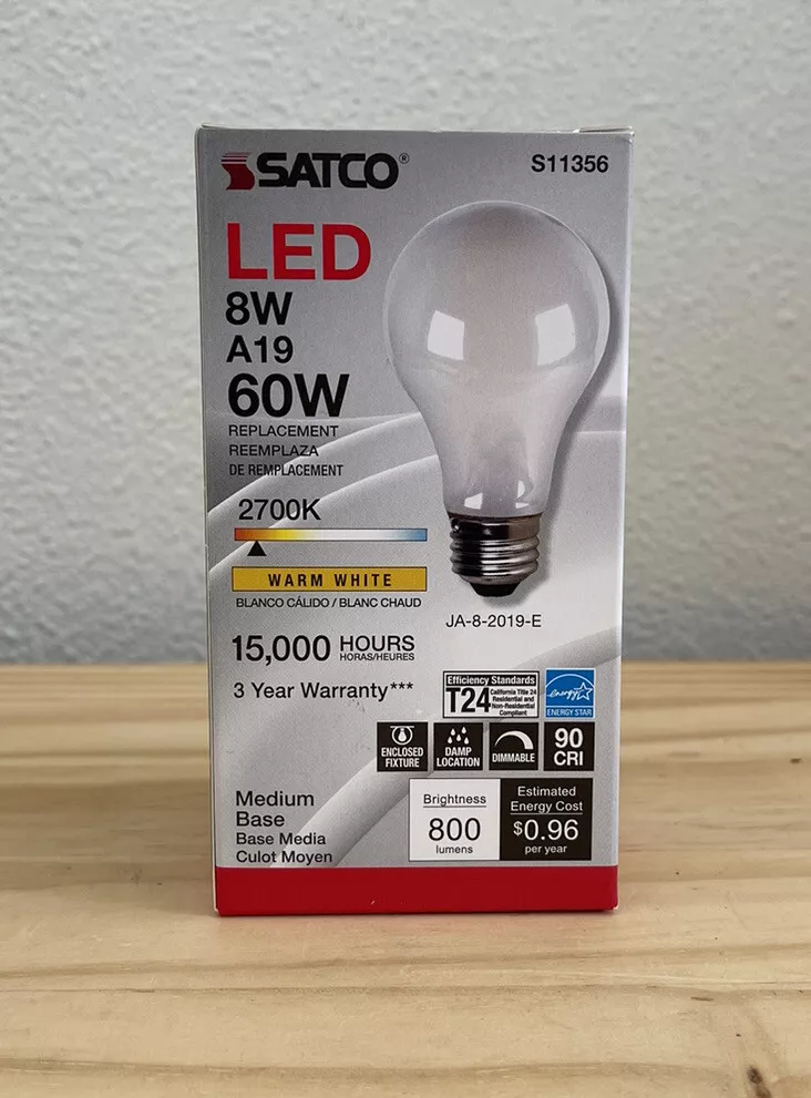 Satco Light Bulb 8W A19 60W LED Warm White 2700K Medium Base 15000
