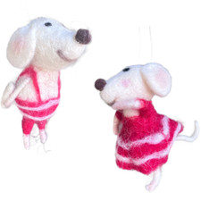 Set 2 Felt Mice Ornaments White Red Outfit Boy Girl Christmas Mouse 4"