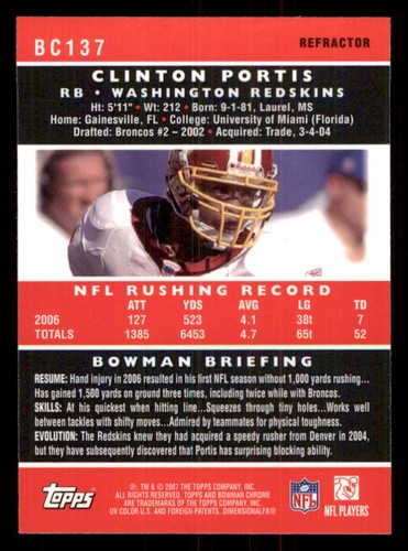2007 Bowman Chrome Refractors #BC137 Clinton Portis - Picture 2 of 2