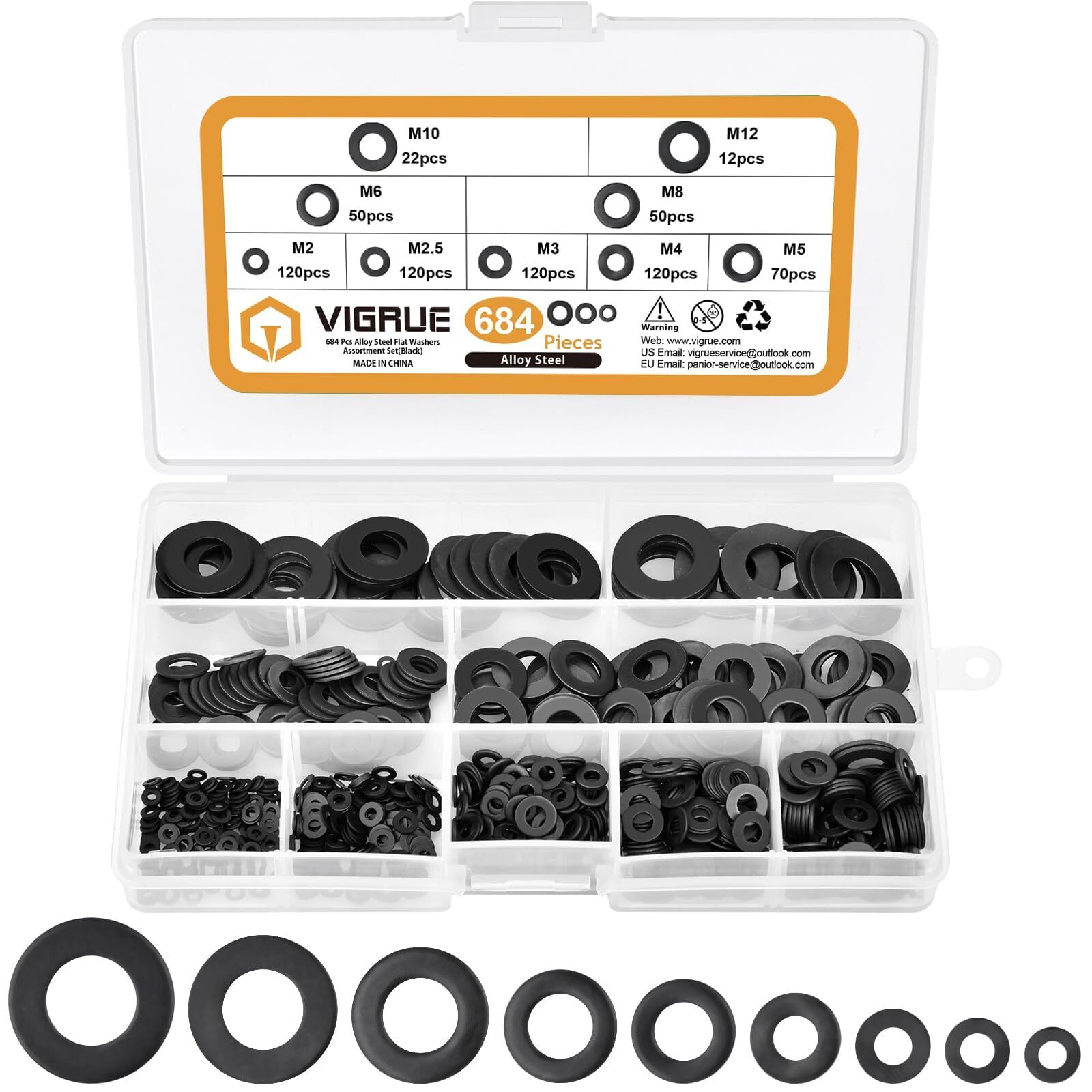 VIGRUE Set di 684 rondelle piatte, in acciaio inox, assortimento M2 M2.5 (s5g)