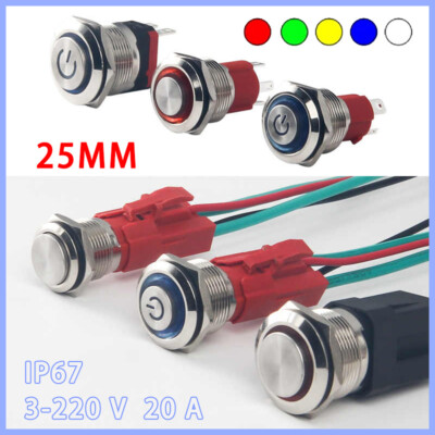 25mm Metall Druckschalter Drucktaster KFZ LED beleuchtet Taster 3-220V 20A IP67