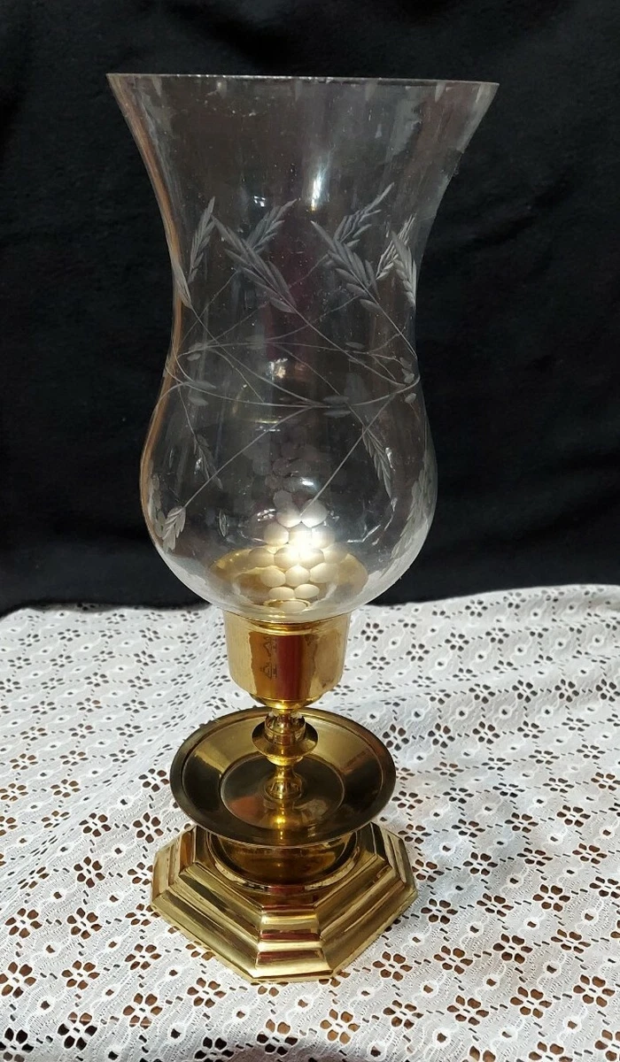 Vintage Standing Brass Etched Floral Glass Lamp Candle Holder 12