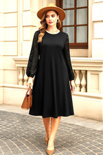 Elegant Black shamoz Silk Dress with Lace Sleeves–Party Wear A-Line Midi  Dress