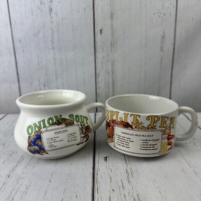 Vintage Stoneware Soup Recipe Mugs Split Pea Onion Soup Set of 2