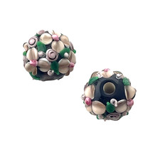 2 Artisan Lampwork Beads Glass Purple White Flowers 13mm Textured Round