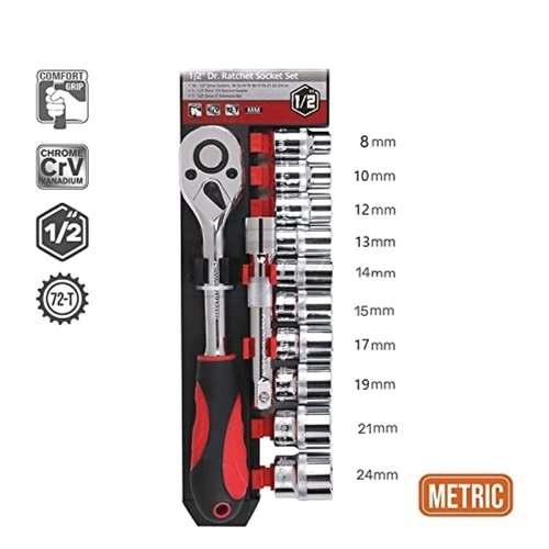 Socket Wrench Set -12 Piece Chrome Vanadium Toolkit for Car Repair- 1/2 Inch - Picture 3 of 8