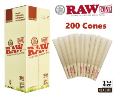 Authentic RAW Organic 1 1/4 Size Pre-Rolled Cones 200 Pack US Fast Shipping