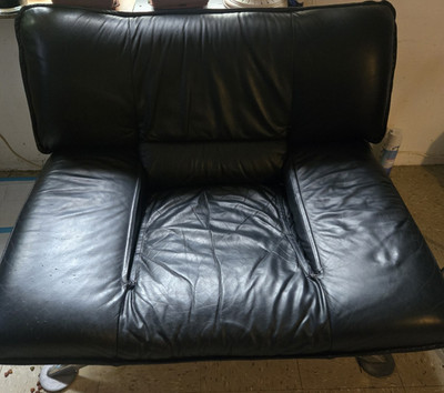 Black Leather Loveseat 2-Seat Sofa, High Back, Silver Metal Frame, Living Room