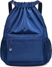 Dark Blue Drawstring Backpack, Waterproof Gym Bag, Small Cinch Sack for Sports