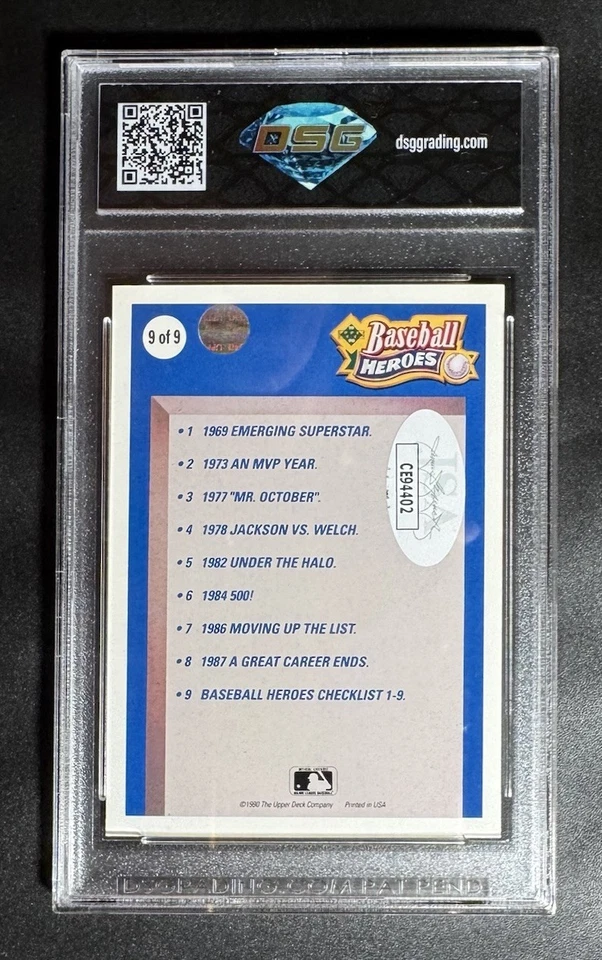 Reggie Jackson Firmado Automático 1990 Upper Deck Heroes #9 💎DSG 9 Como Nuevo Certificado JSA Salón de la fama Foto 3 de 4