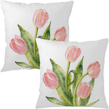 Spring Floral Pillow Covers 18X18 Set of 2 Pink Tulip Throw Pillow Covers Sum...