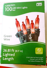 Holiday Home 100 Red LED Mini String Lights Christmas with Green Wire NEW