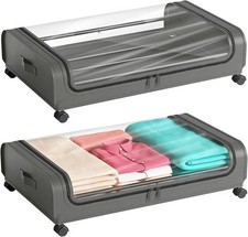 2 Pack Under Bed Storage Box With Wheels 48L Rolling Clothes Organizer Grey