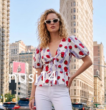 ZARA NEW WOMAN FISH TOMATO PRINTED SHIRT WITH BOWS BLUE WHITE 4009/322/044