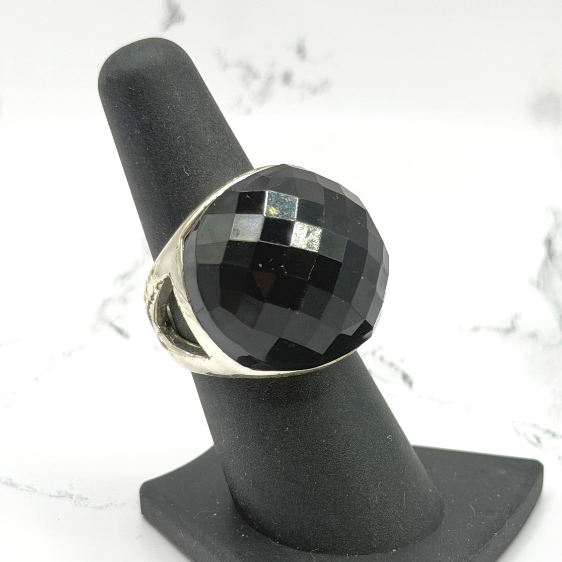 Large Black Faceted Statement Ring Silver Tone Si… - image 1