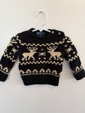 Vintage Polo Ralph Lauren 12M Black Cream Knit Reindeer Sweater 100 Cotton