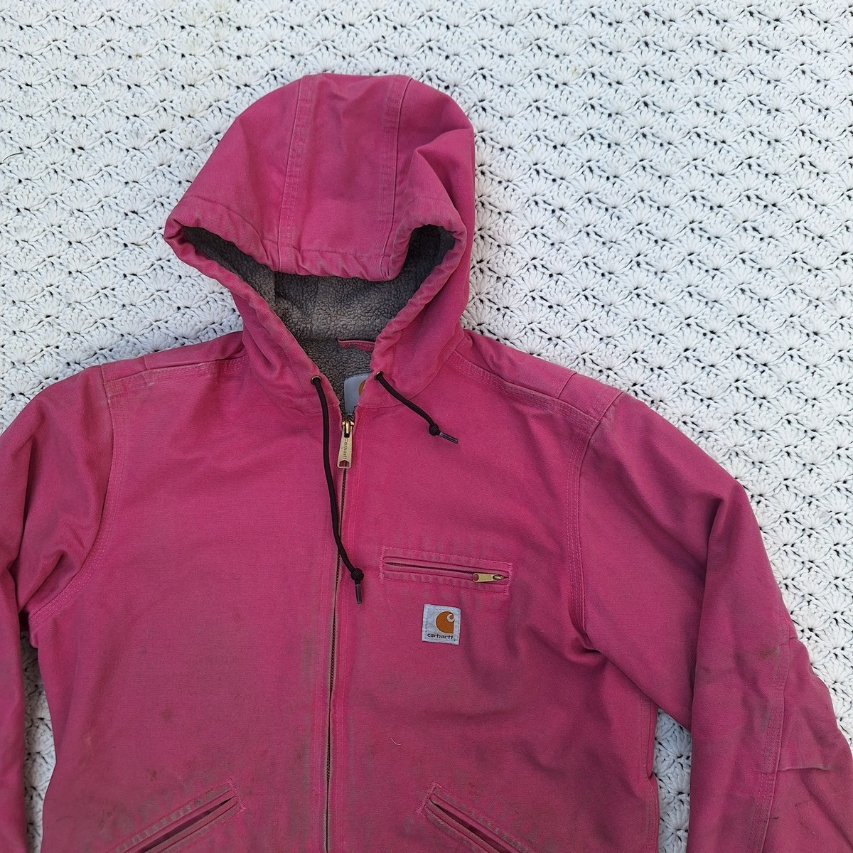Carhartt Womens Pink Sherpa Lined Full Zip Hooded Distressed