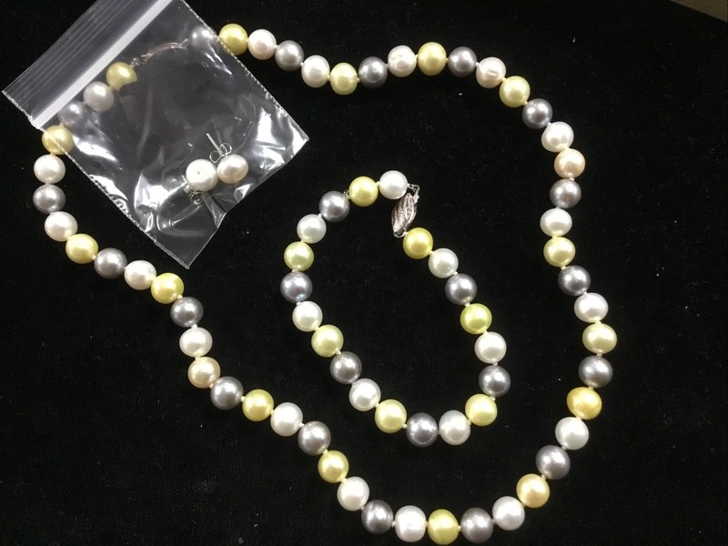 JTV Multi Color Freshwater Pearls Sterling Silver 18" Necklace Bracelet Earrings