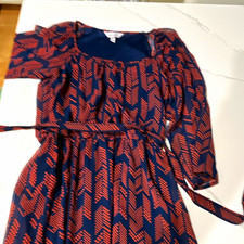 Speechless A-Line Geometric Dress Navy/Orange Square Neck Puff Sleeve Size M