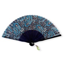 Japanese Folding Fabric Hand Fan Sensu Boho Bohemian style Wooden Frame Dolphin