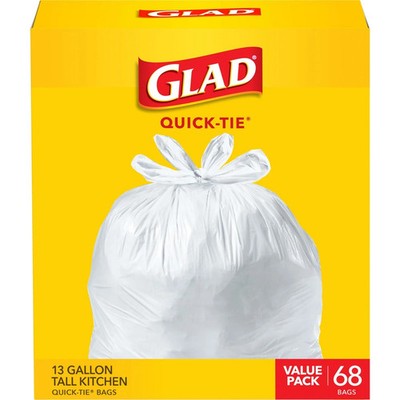 Glad Quick Tie 13 Gallon Tall Kitchen Trash Bags 68 Count Strong & Sturdy