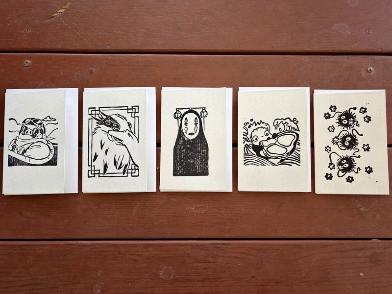 Original Studio Ghibli Greeting Cards 3 Print By Alannah Dyer- 4x6 in. Lino Cut