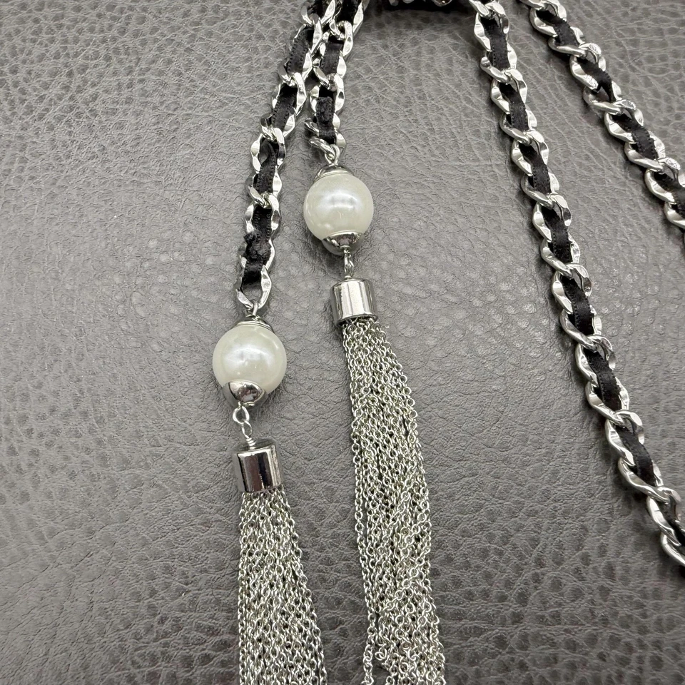 WHBM Lariat Y Drop Necklace Silver Tone Black Ribbon Faux Pearl Tassel Chain - Image 4 of 4