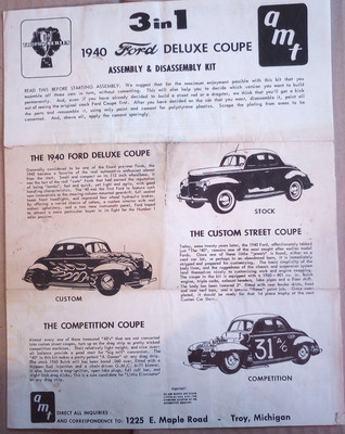 1960's AMT Model Car Kit Directions For The 1940 Ford Deluxe Coupe 