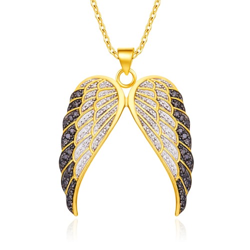 1/2 Carat Round Cut White & Enhanced Black Natural Diamond Angel Wings Pendan...