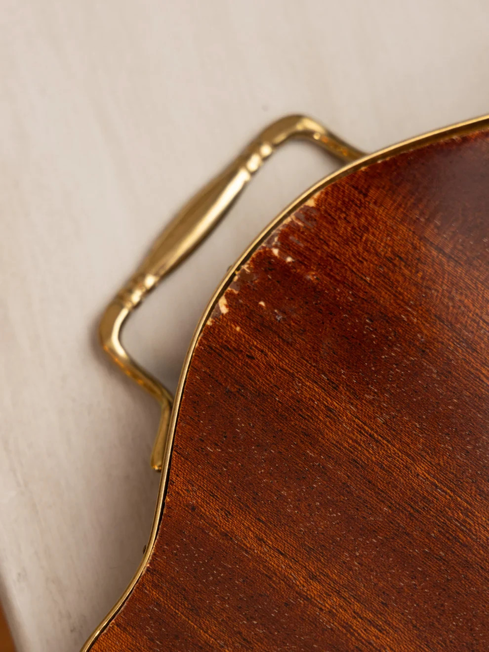 Vintage Large Marquetry Floral Wood Veneer Tray with Gold-Tone Details
