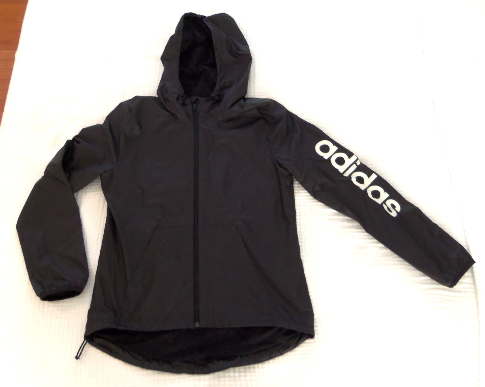 ADIDAS Windbreaker JACKET Solid Black w/White HOO… - image 1