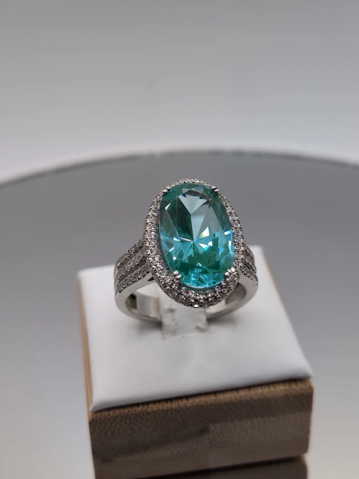 Impresionante Anillo Topacio Azul/Circón Blanco Plata Esterlina/Rodio Talla 10 Firmado FE Foto 2 de 4