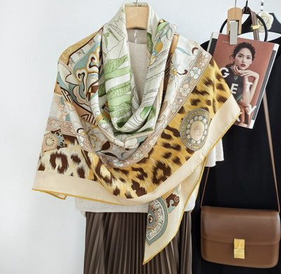 70% Cashmere 30% Silk 135X135cm Brown leopard Print Scarf Double Face Wrap Shawl