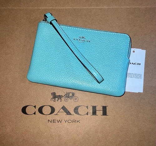 Bracciale Coach nuovo con etichette con zip angolare CP483 pelle blu ciottoli sbiadita argento rigido