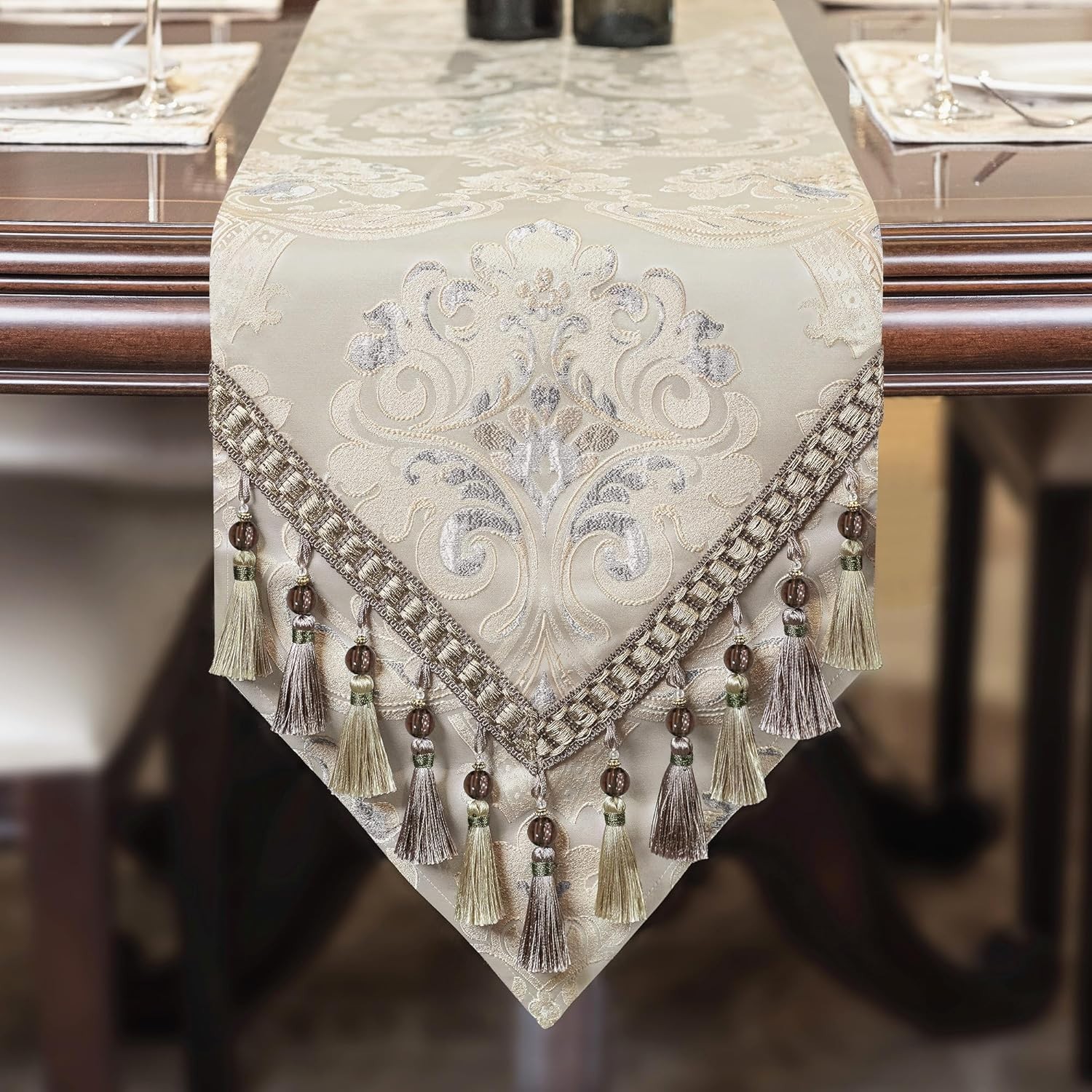 Luxury Floral Jacquard Table Runner 90" Long - Light Apricot