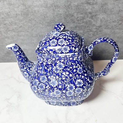 Queen s Calico Blue Teapot Staffordshire England Blue & White Flowers Floral